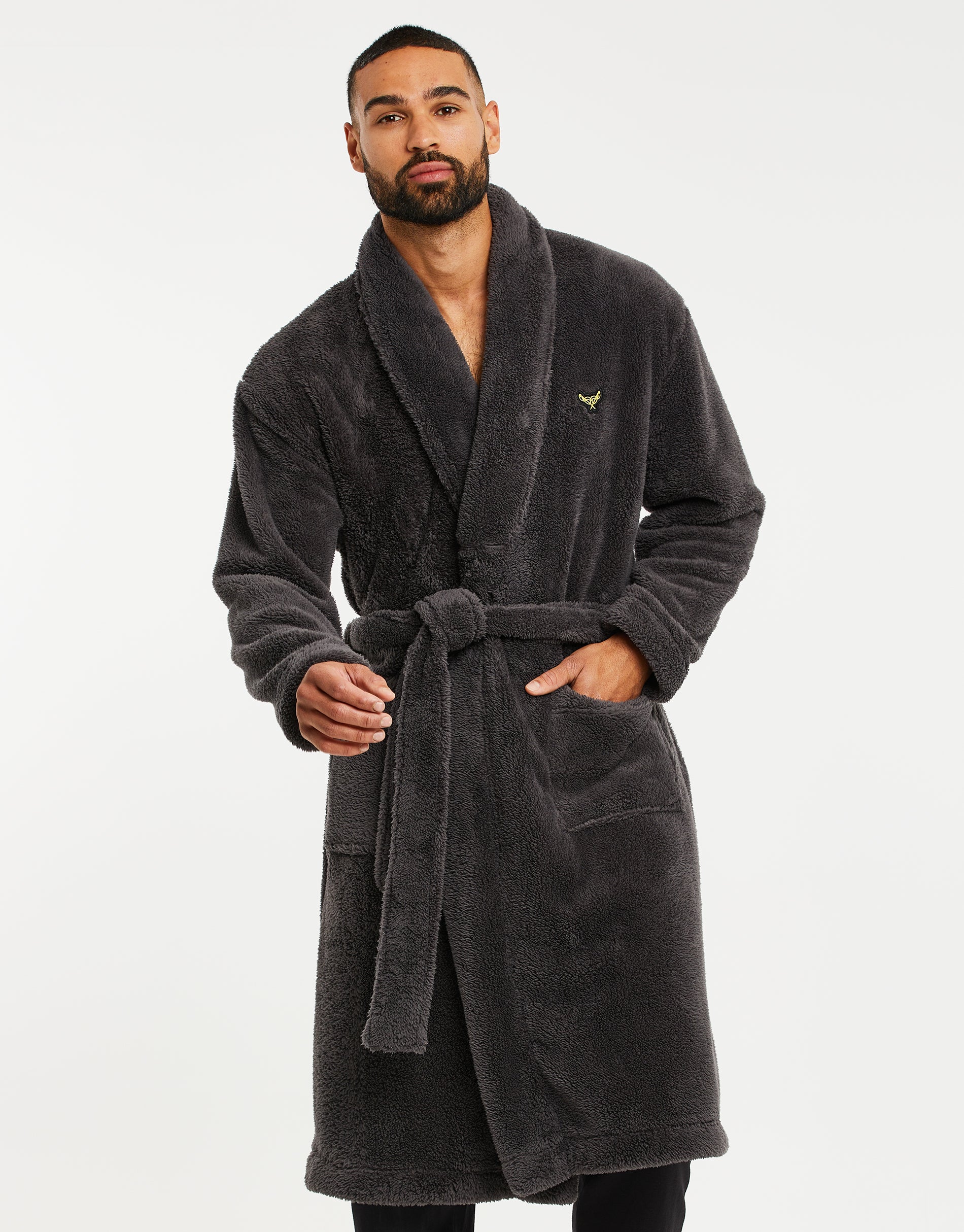 Men s Charcoal Grey Teddy Dressing Gown Loungewear Robe