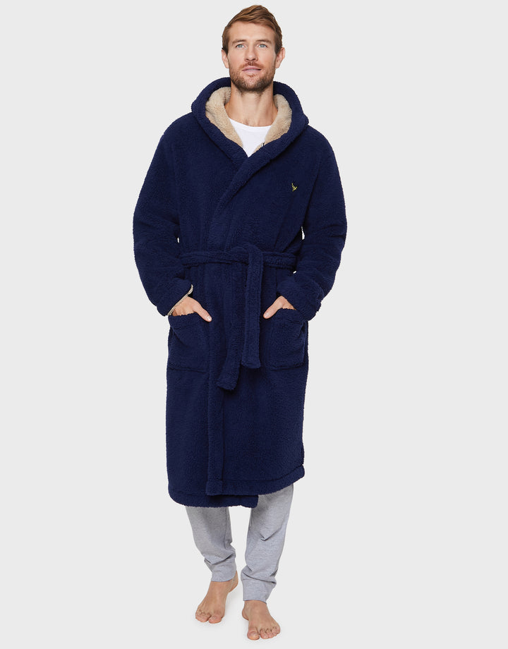 Navy Faux Borg Lined Dressing Gown