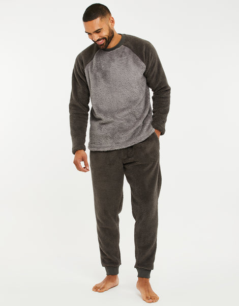 Men's Charcoal Grey Faux Borg Raglan Loungewear (2-Piece Set) – Threadbare