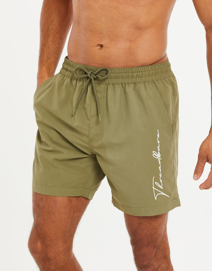 Khaki Green Handwritten Logo Swim Shorts