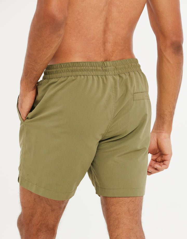 Khaki Green Handwritten Logo Swim Shorts