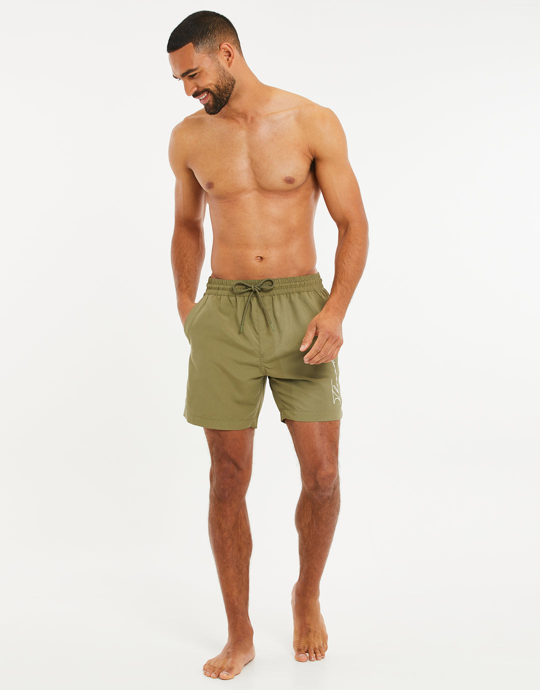Khaki Green Handwritten Logo Swim Shorts