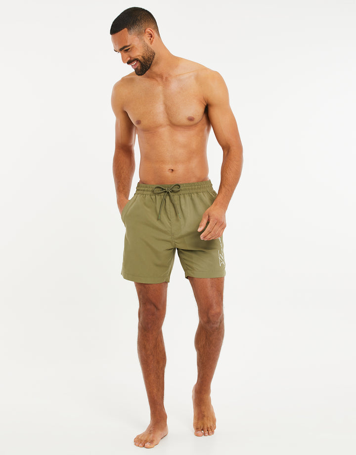 Khaki Green Handwritten Logo Swim Shorts