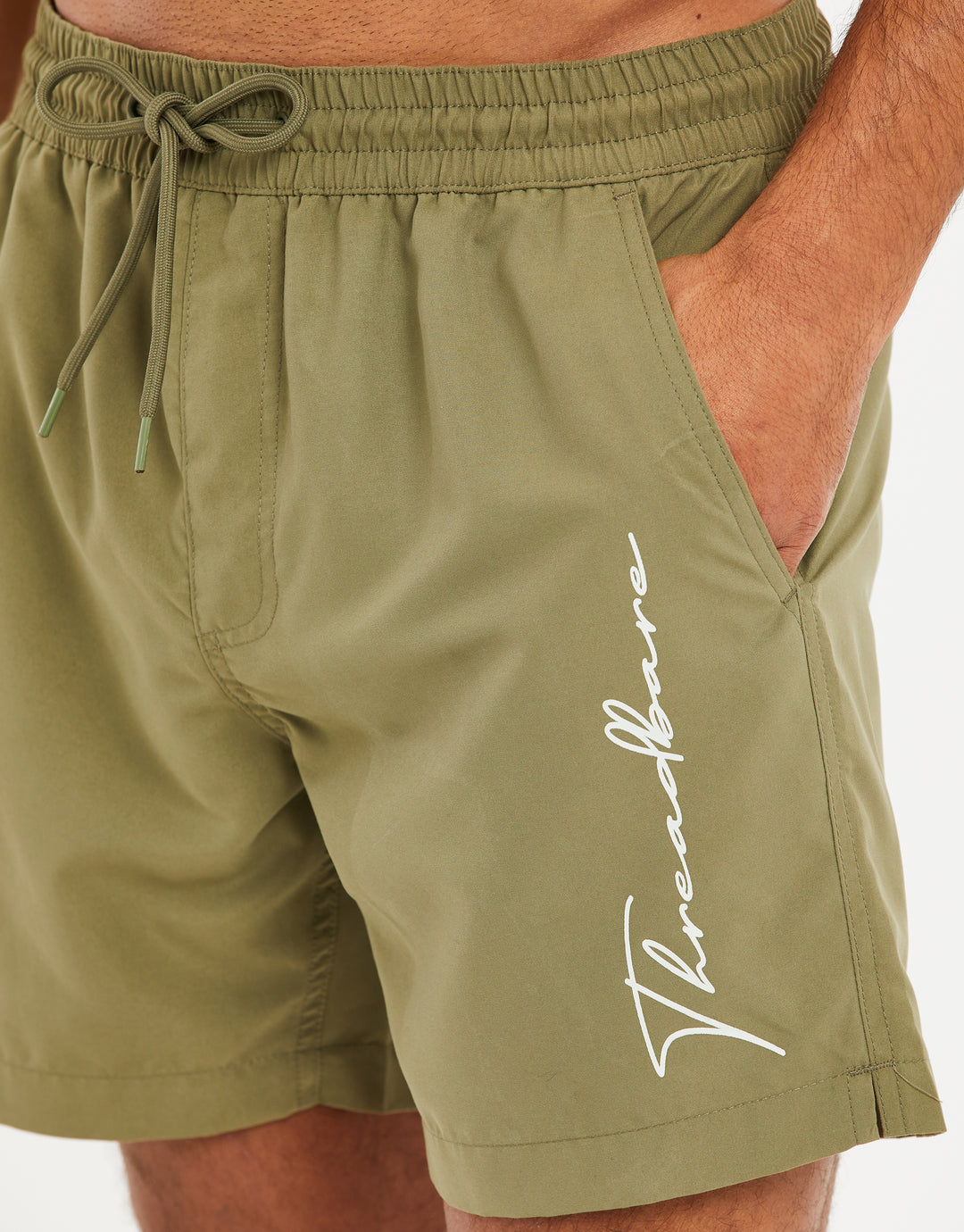 Khaki Green Handwritten Logo Swim Shorts