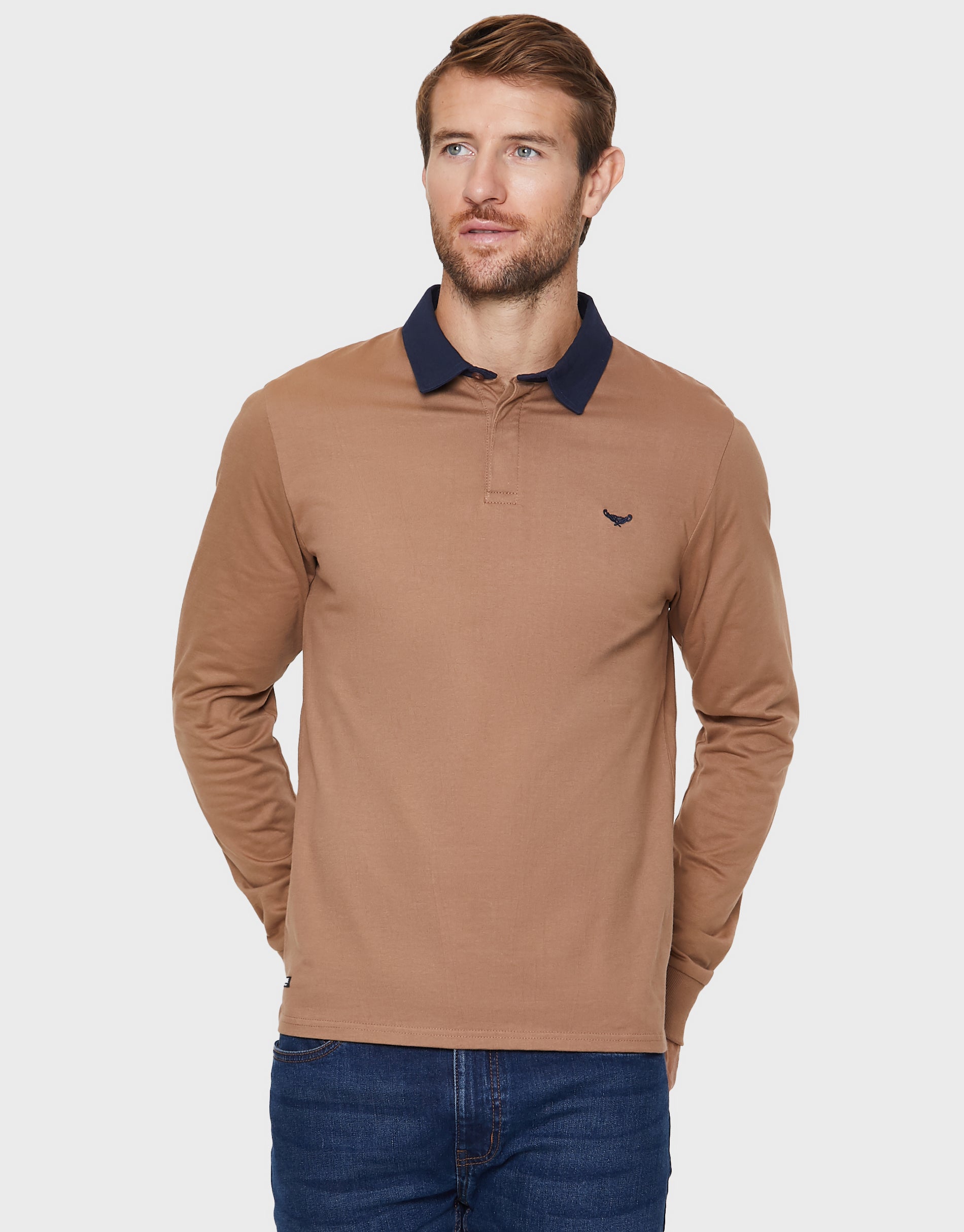 Threadbare Men's Camel Brown Long Sleeve Polo Rugby Shirt