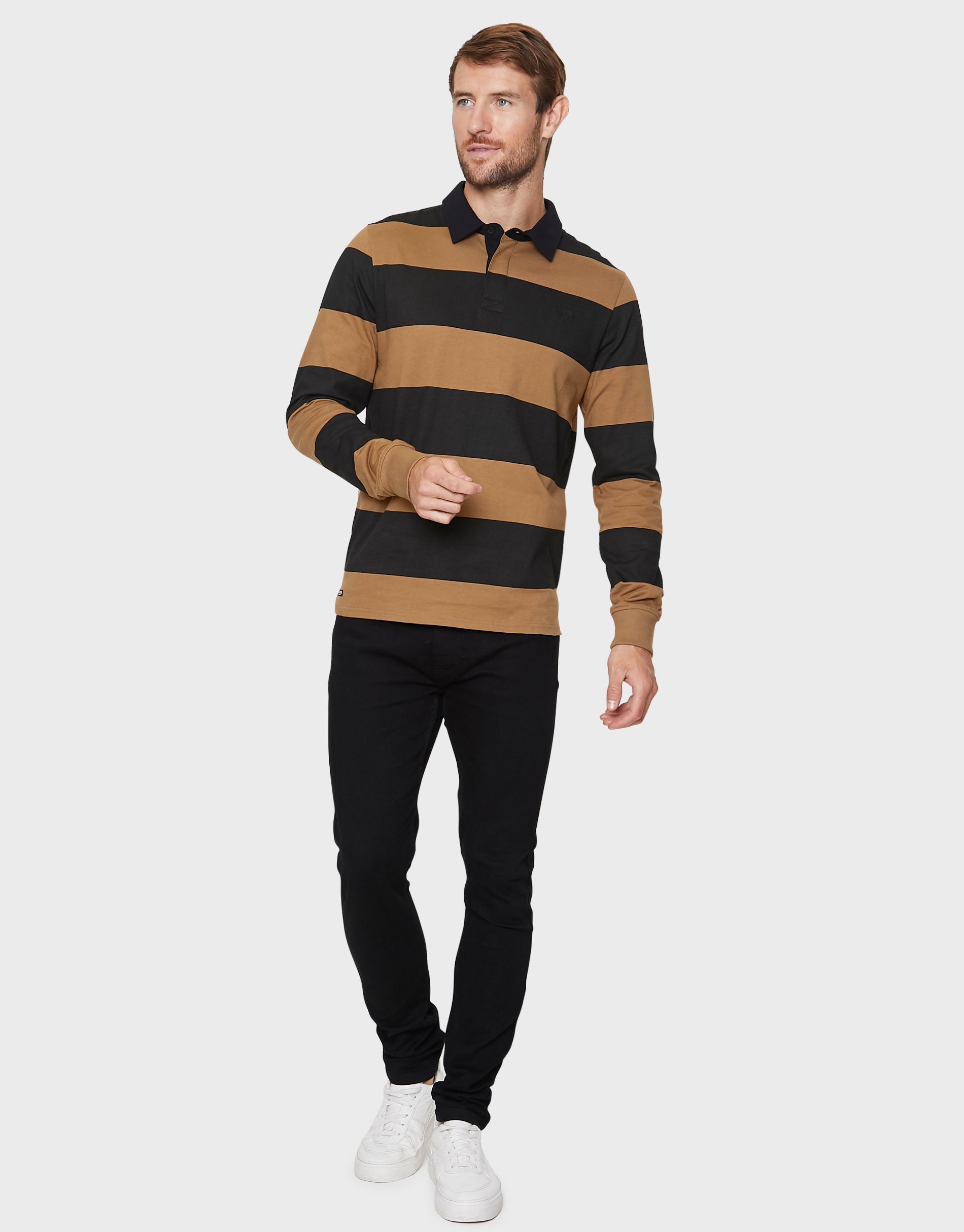 Threadbare Men's Black & Camel Striped Rugby Shirt