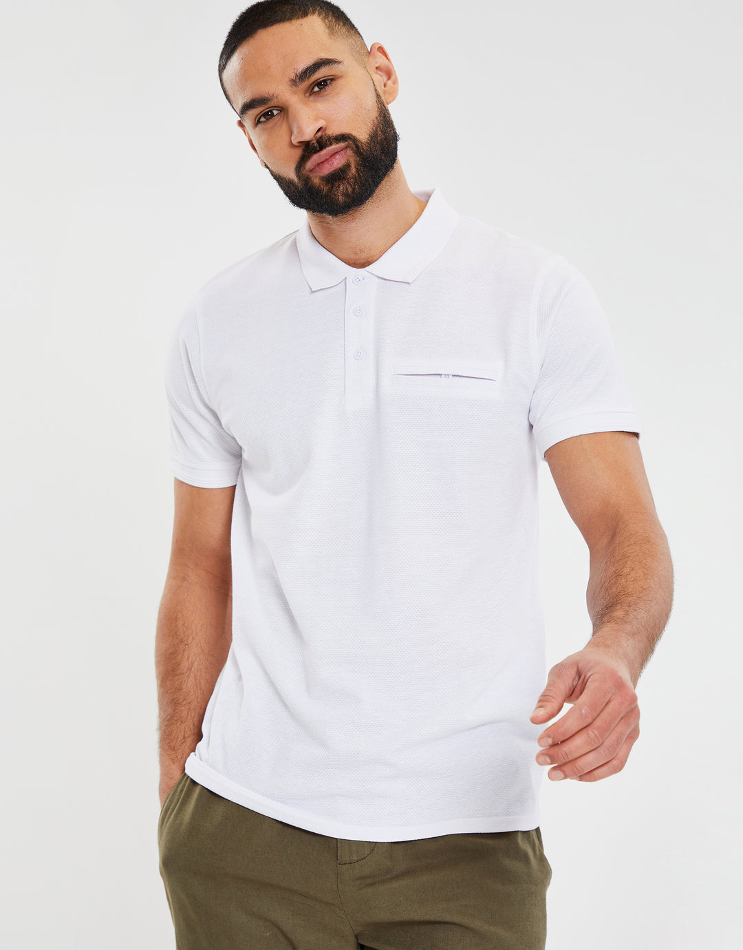 White Honeycomb Rib Jetted Pocket Polo Shirt