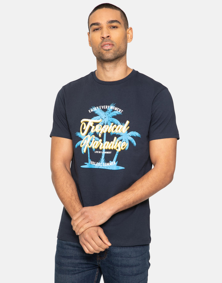 Navy Front Print Cotton T-Shirt