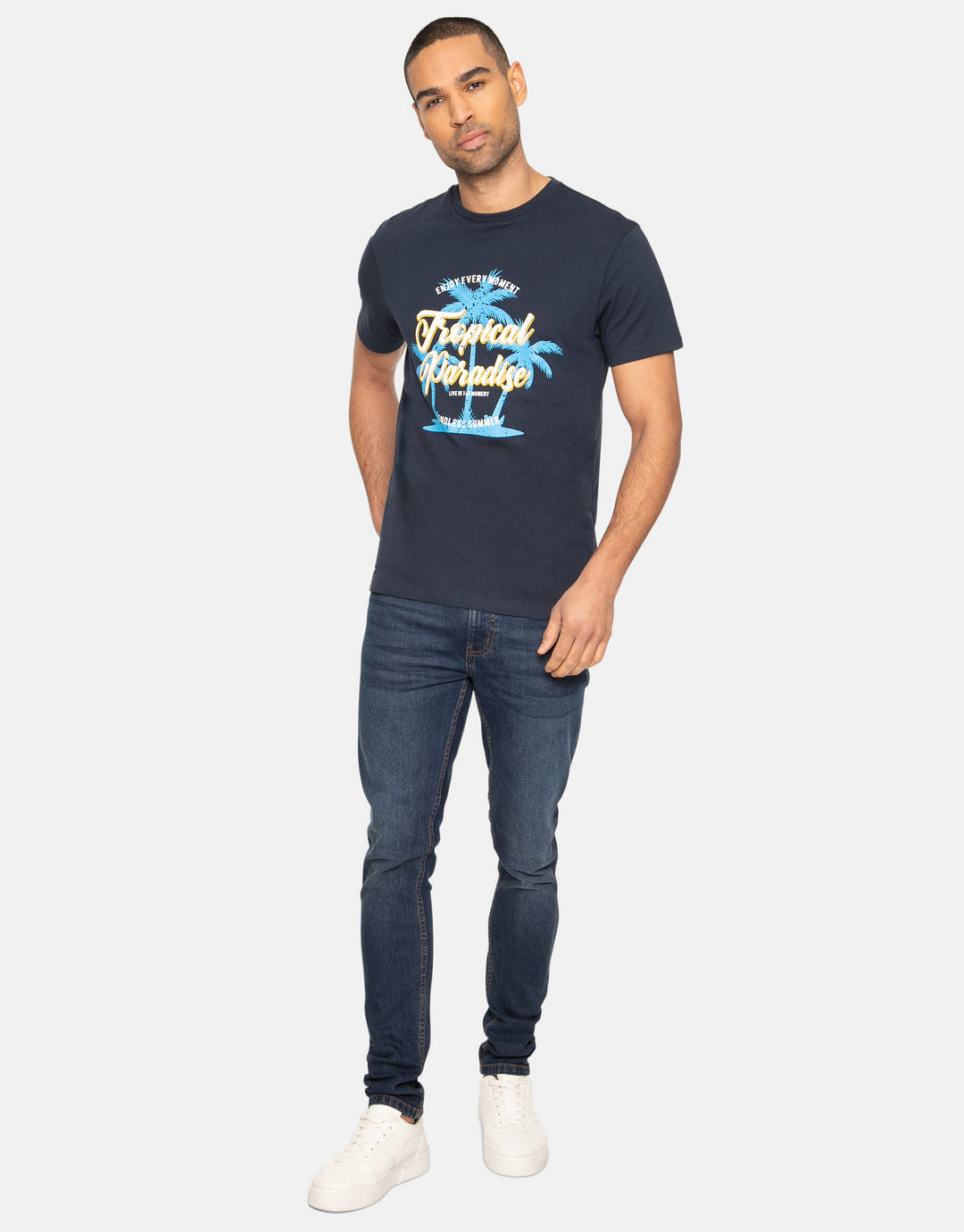 Navy Front Print Cotton T-Shirt