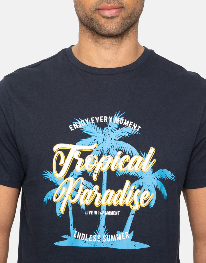 Navy Front Print Cotton T-Shirt