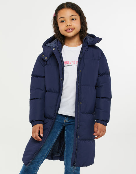 Girls' Navy Blue Longline Hooded Padded Kids' Puffer Jacket – Threadbare
