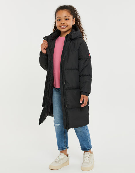 Girls' Black Longline Hooded Padded Kids' Puffer Jacket – Threadbare