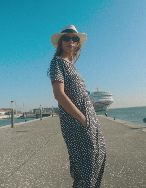 Black Spot Jersey Midi Smock Dress with Pockets