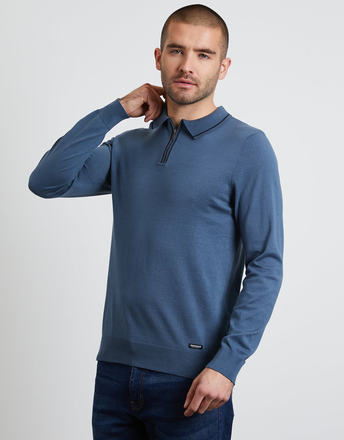 Men's Denim Blue Quarter Zip Polo Neck Knitted Jumper – Threadbare