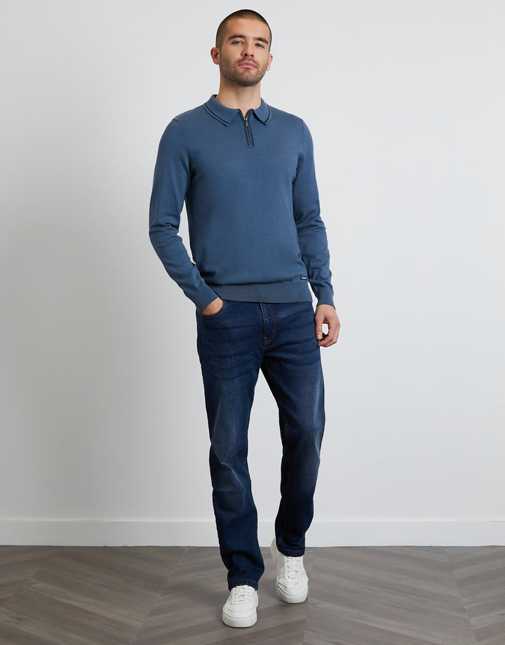 Denim Blue Quarter Zip Polo Jumper