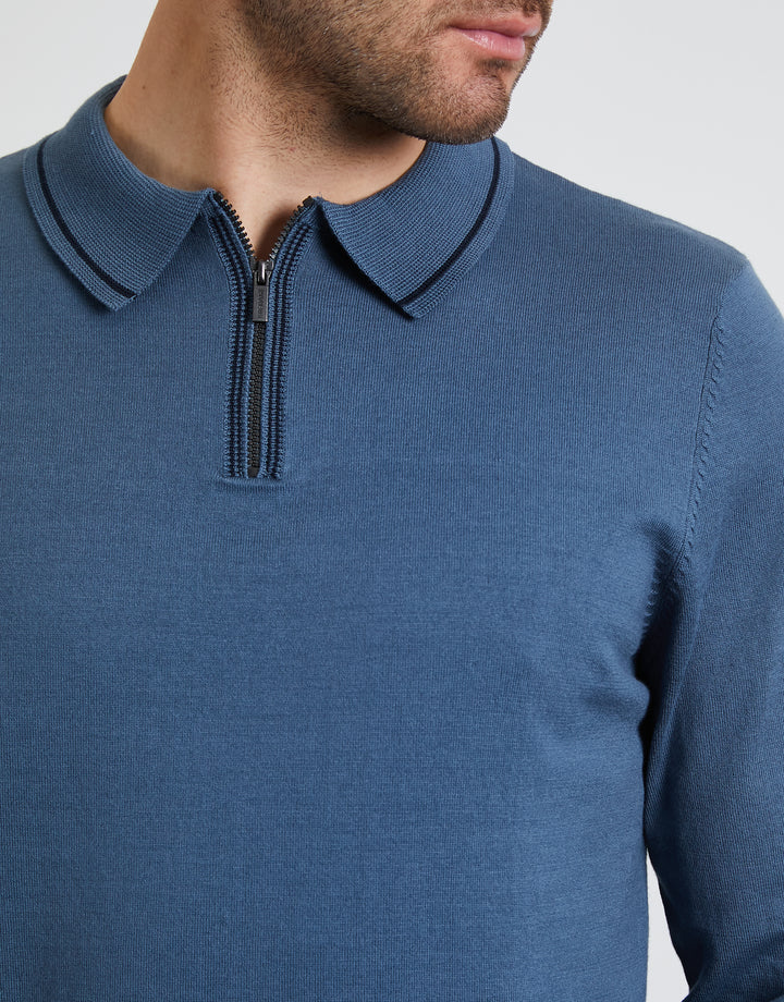 Denim Blue Quarter Zip Polo Jumper