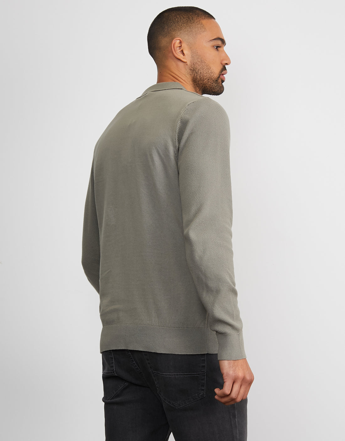 Men's Sage Green Quarter Zip Knitted Polo Jumper – Threadbare