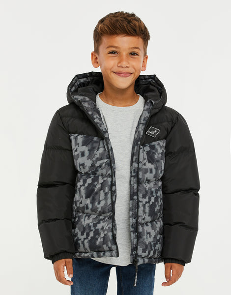 Boys' Black Camo Colourblock Kids' Hooded Puffer Jacket – Threadbare