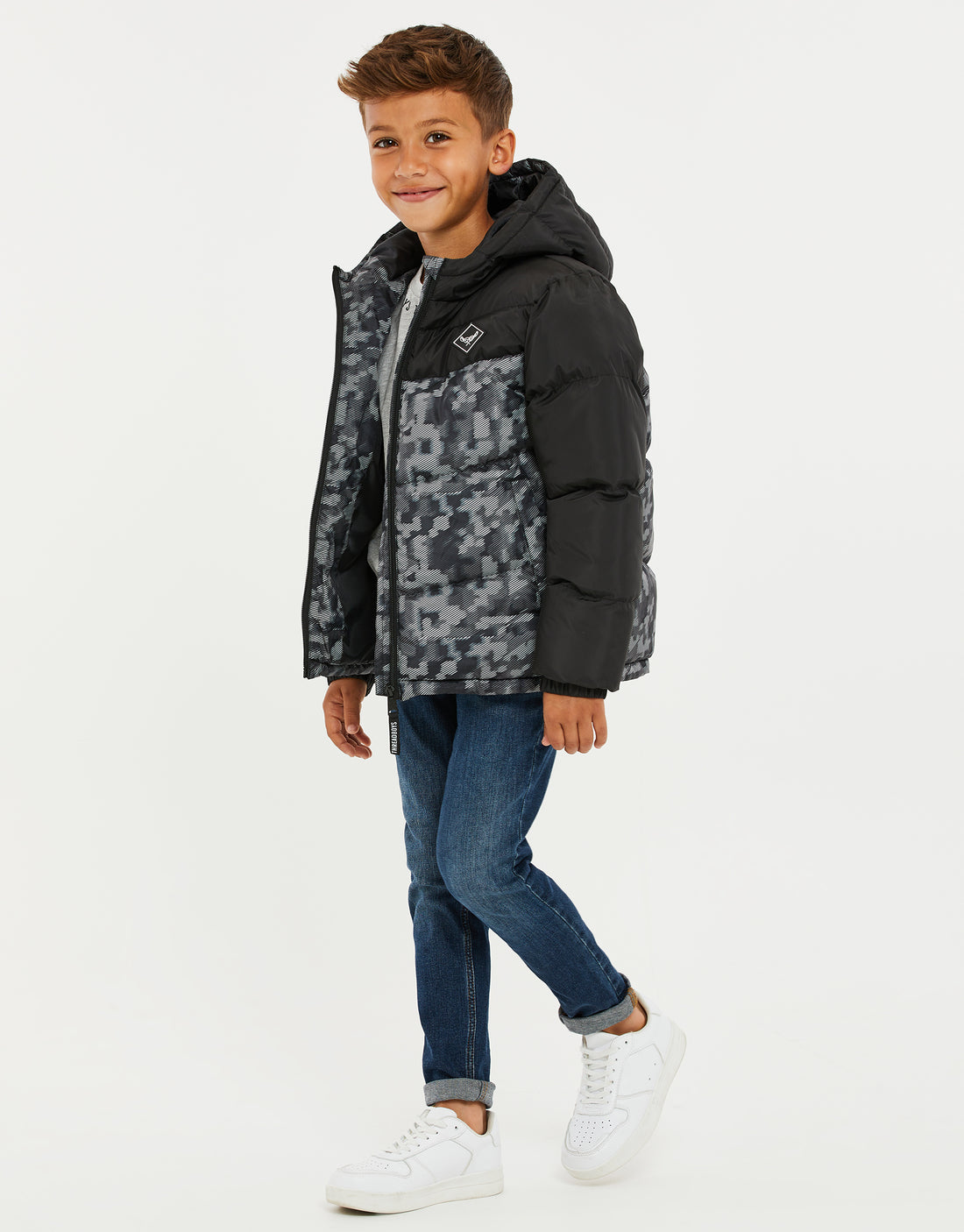 Boys' Black Camo Colourblock Kids' Hooded Puffer Jacket – Threadbare