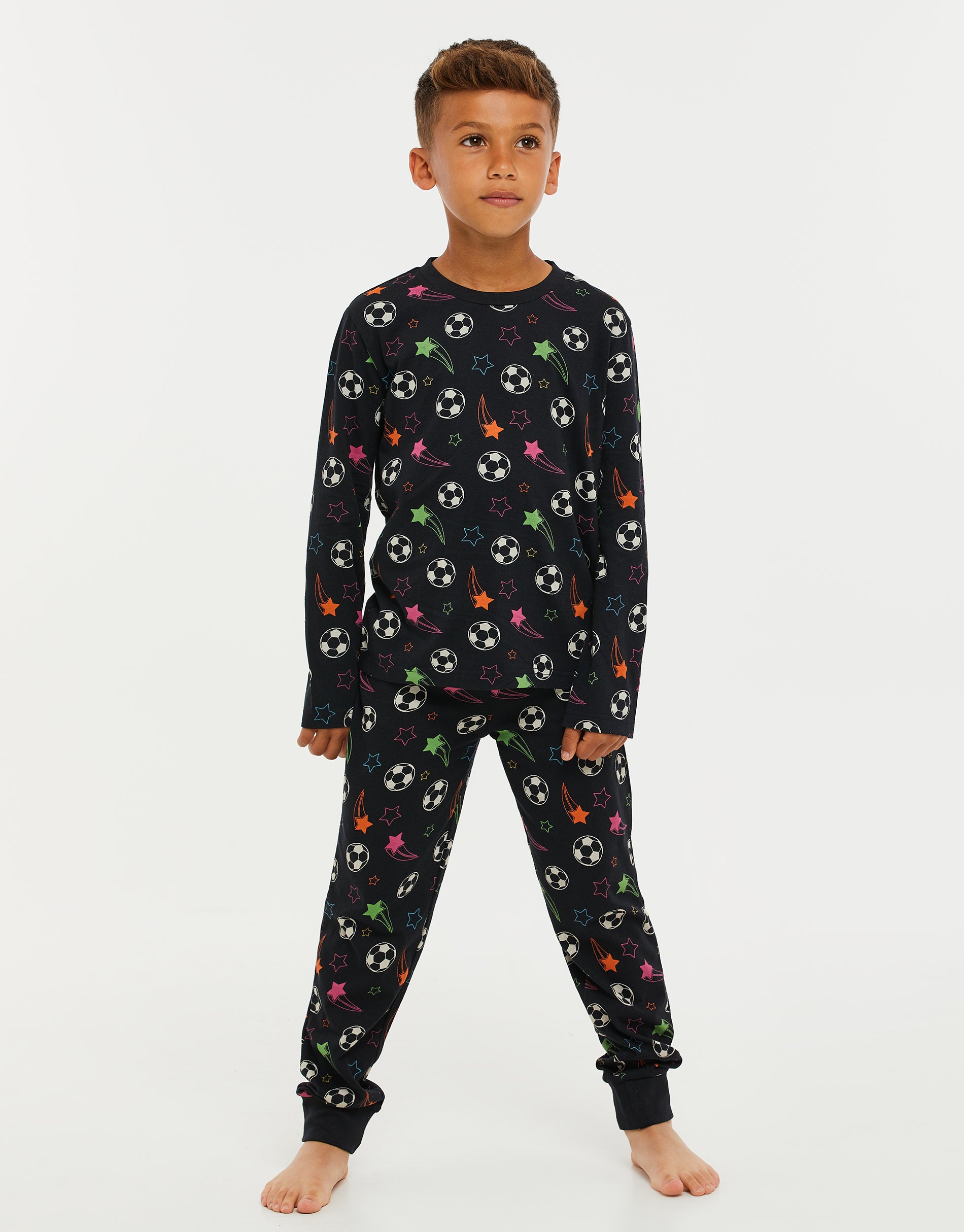 Boys Black Football Print Kids Long Pyjamas 2 Piece Set