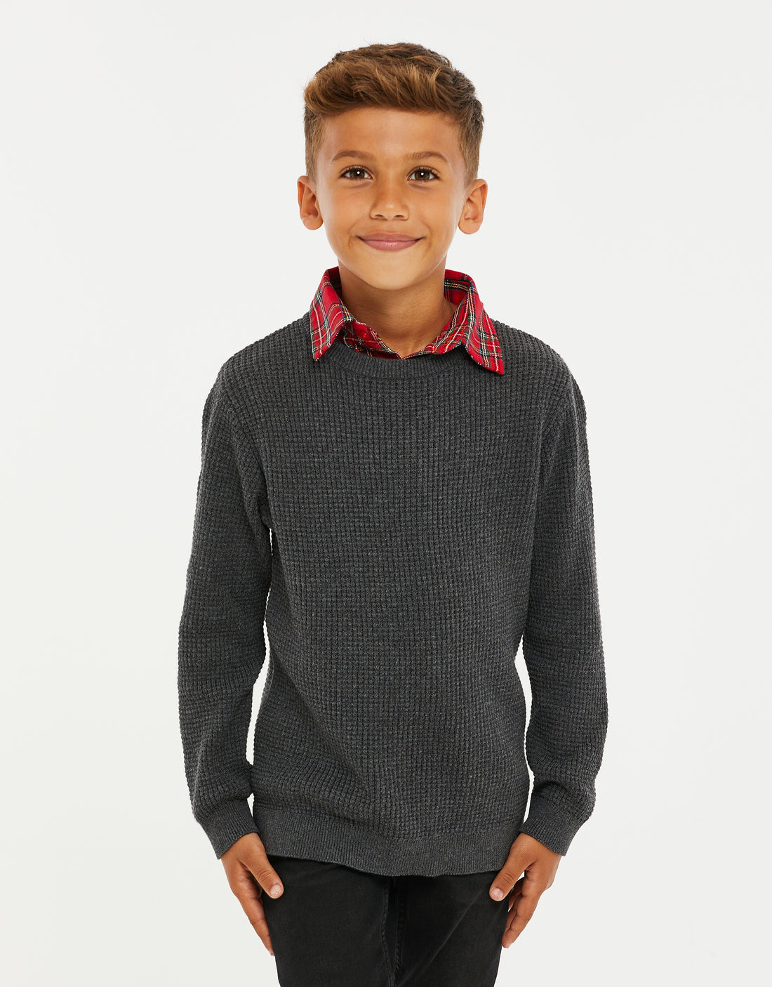 Boys Charcoal Marl Mock Shirt Collar Crew Neck Kids Knitted