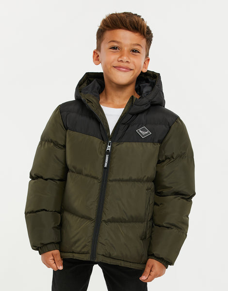 Boys' Khaki Green Colourblock Kids' Hooded Puffer Jacket – Threadbare