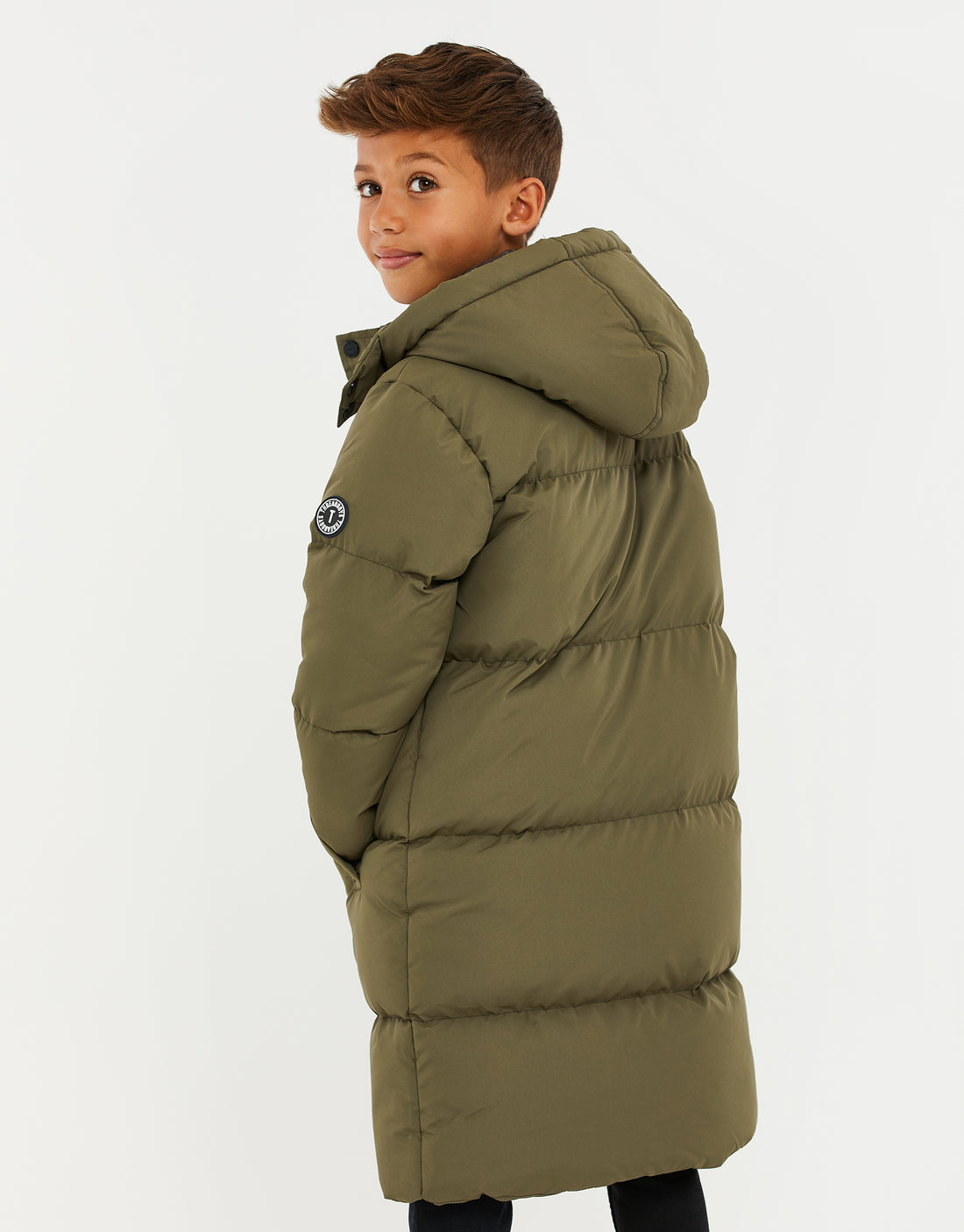 Boys' Khaki Green Padded Longline Kids' Puffer Jacket – Threadbare