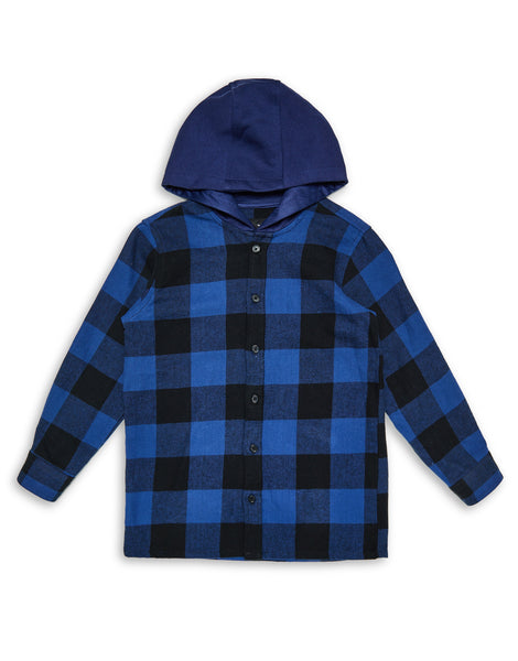 Boys' Royal Blue Check Kids' Hooded Long Sleeve Shirt – Threadbare