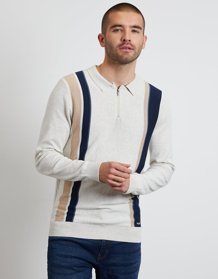 Ecru Marl Striped Quarter Zip Polo Jumper