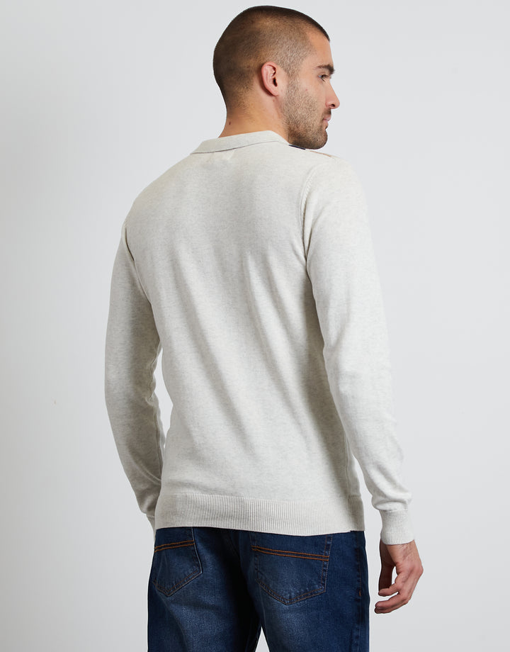 Ecru Marl Striped Quarter Zip Polo Jumper