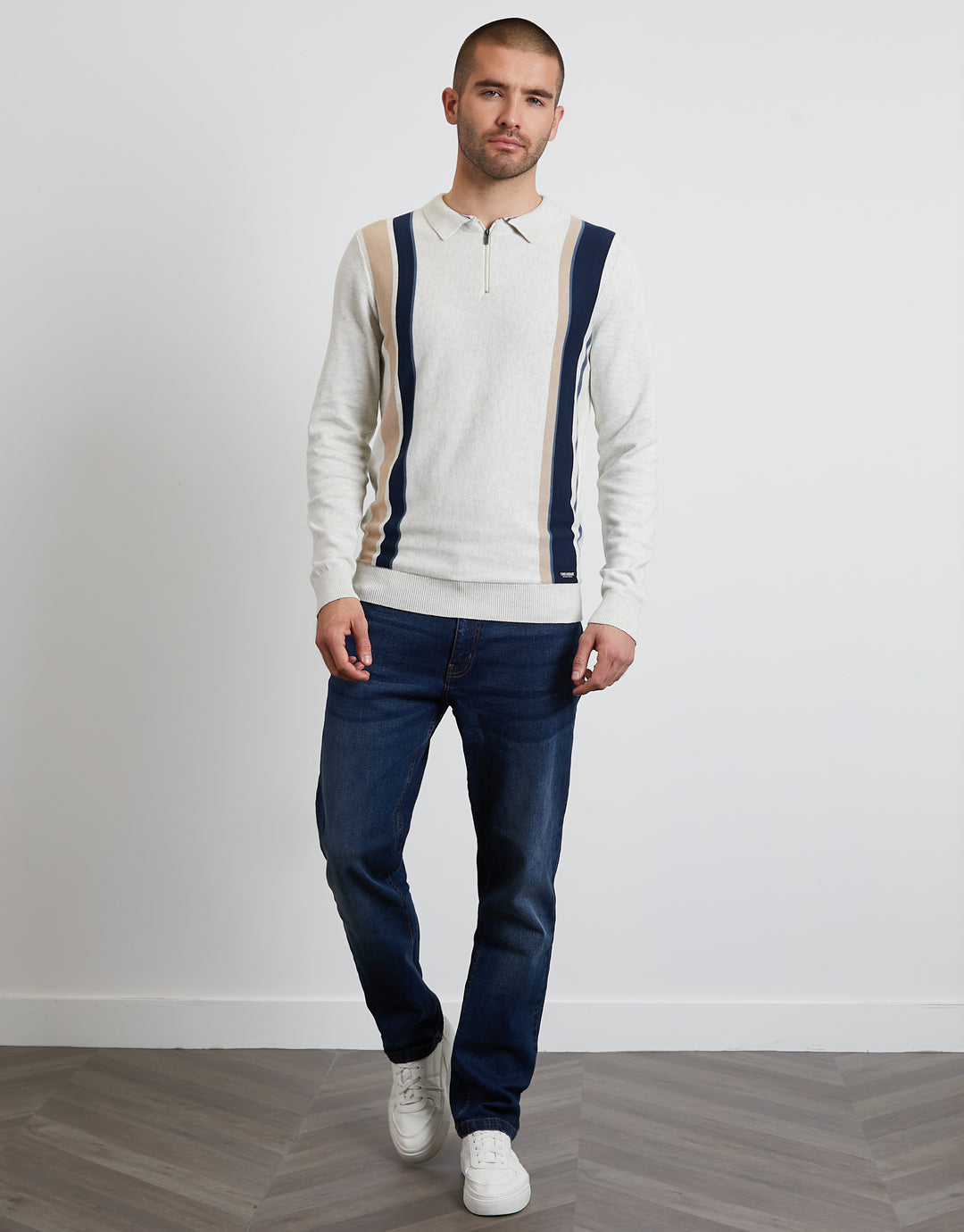 Ecru Marl Striped Quarter Zip Polo Jumper