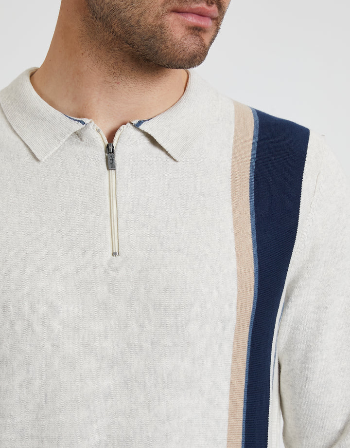 Ecru Marl Striped Quarter Zip Polo Jumper