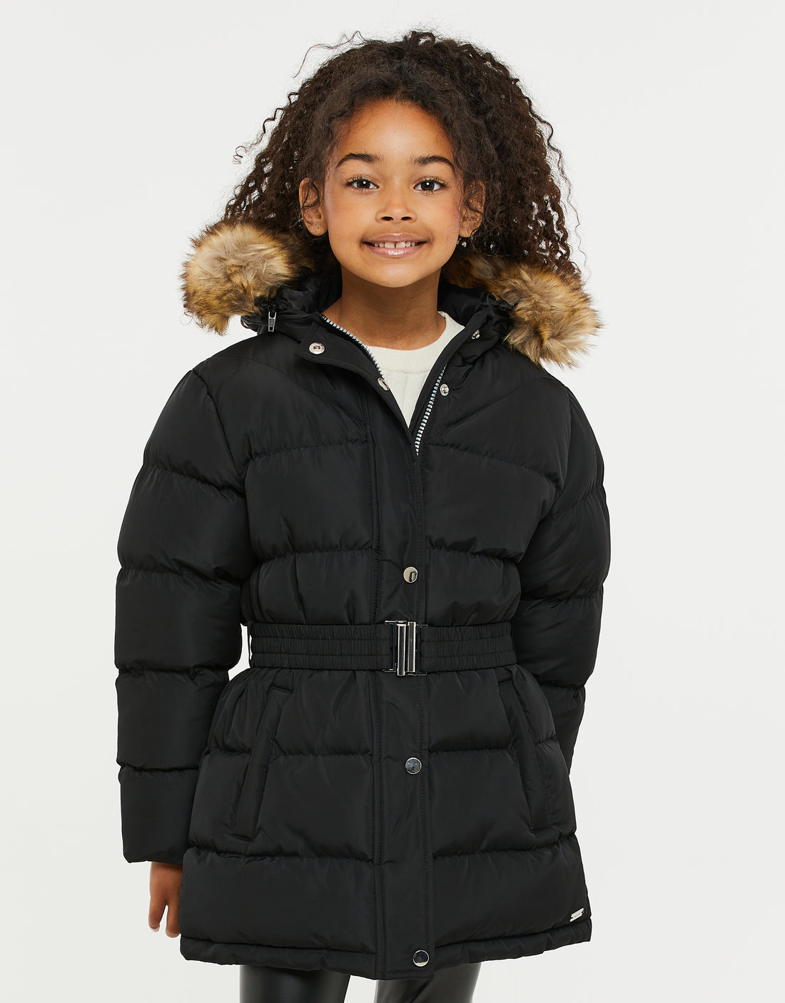 Girls' Black Belted Padded Hooded Kids' Parka Jacket – Threadbare