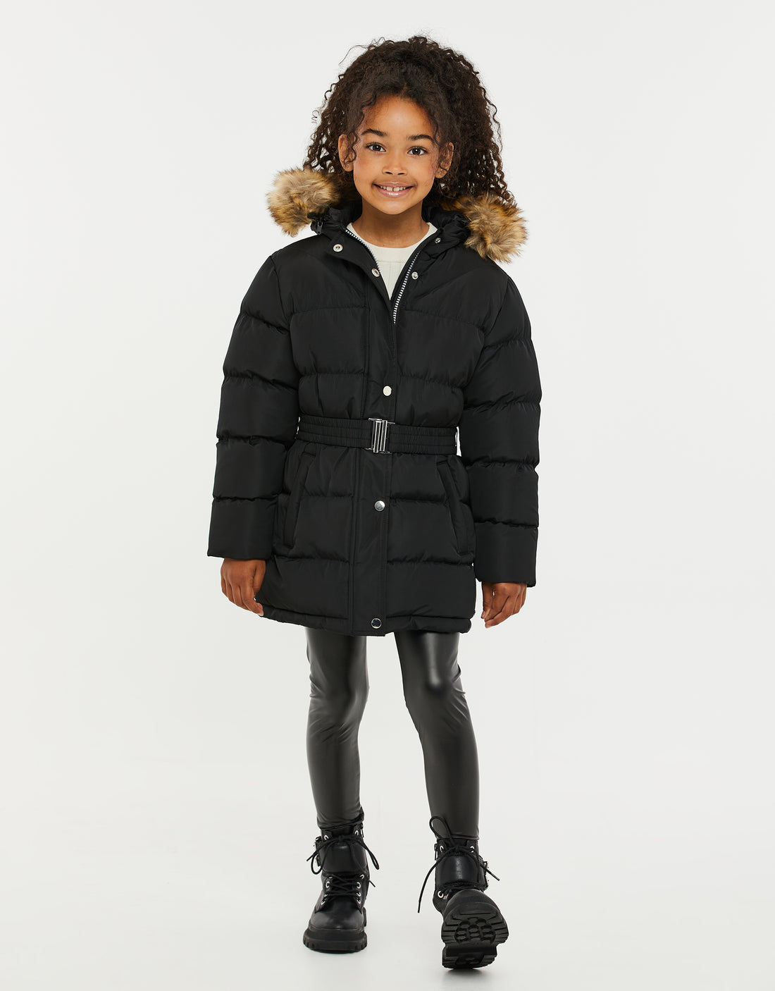 Girls' Black Belted Padded Hooded Kids' Parka Jacket – Threadbare