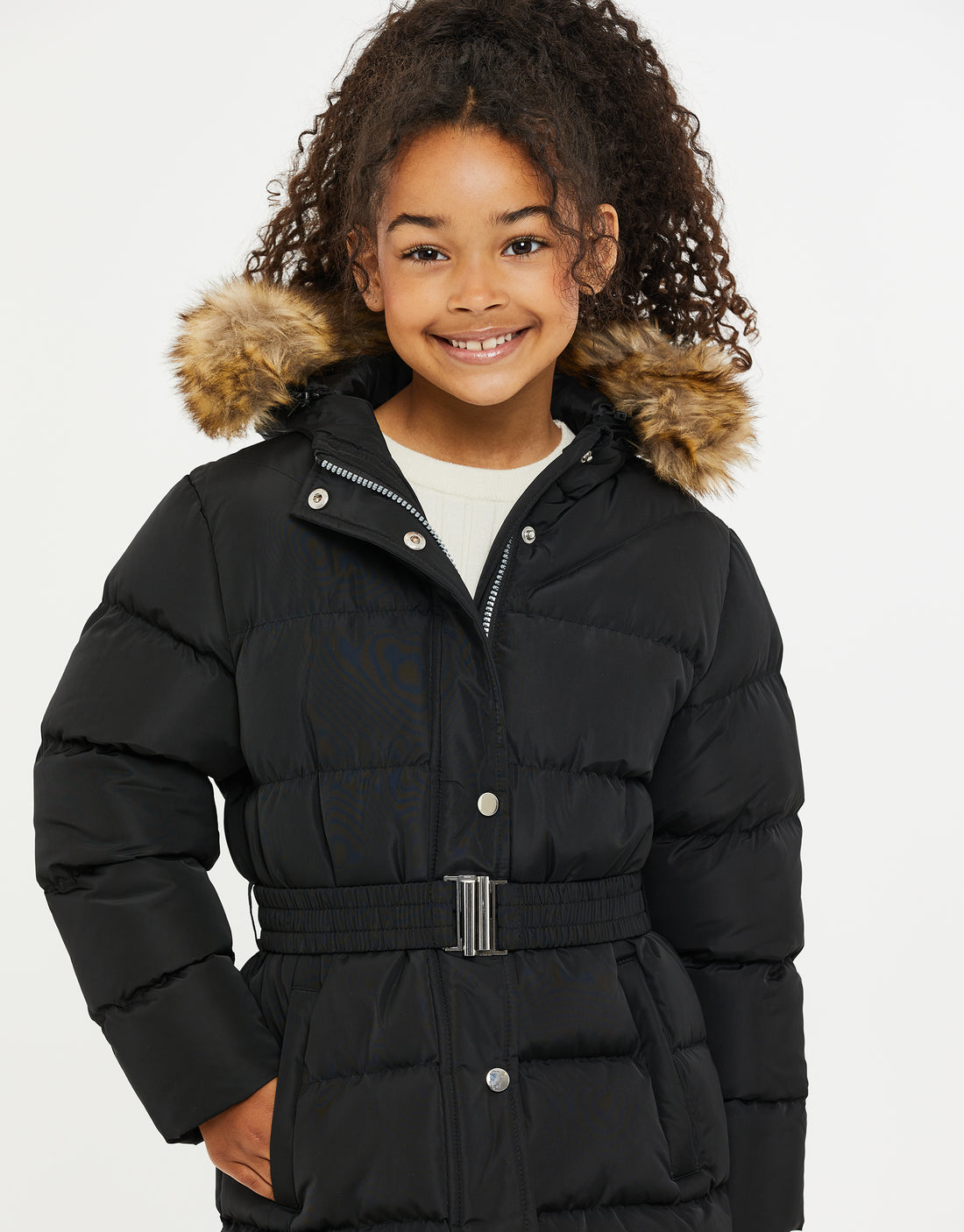 Girls' Black Belted Padded Hooded Kids' Parka Jacket – Threadbare