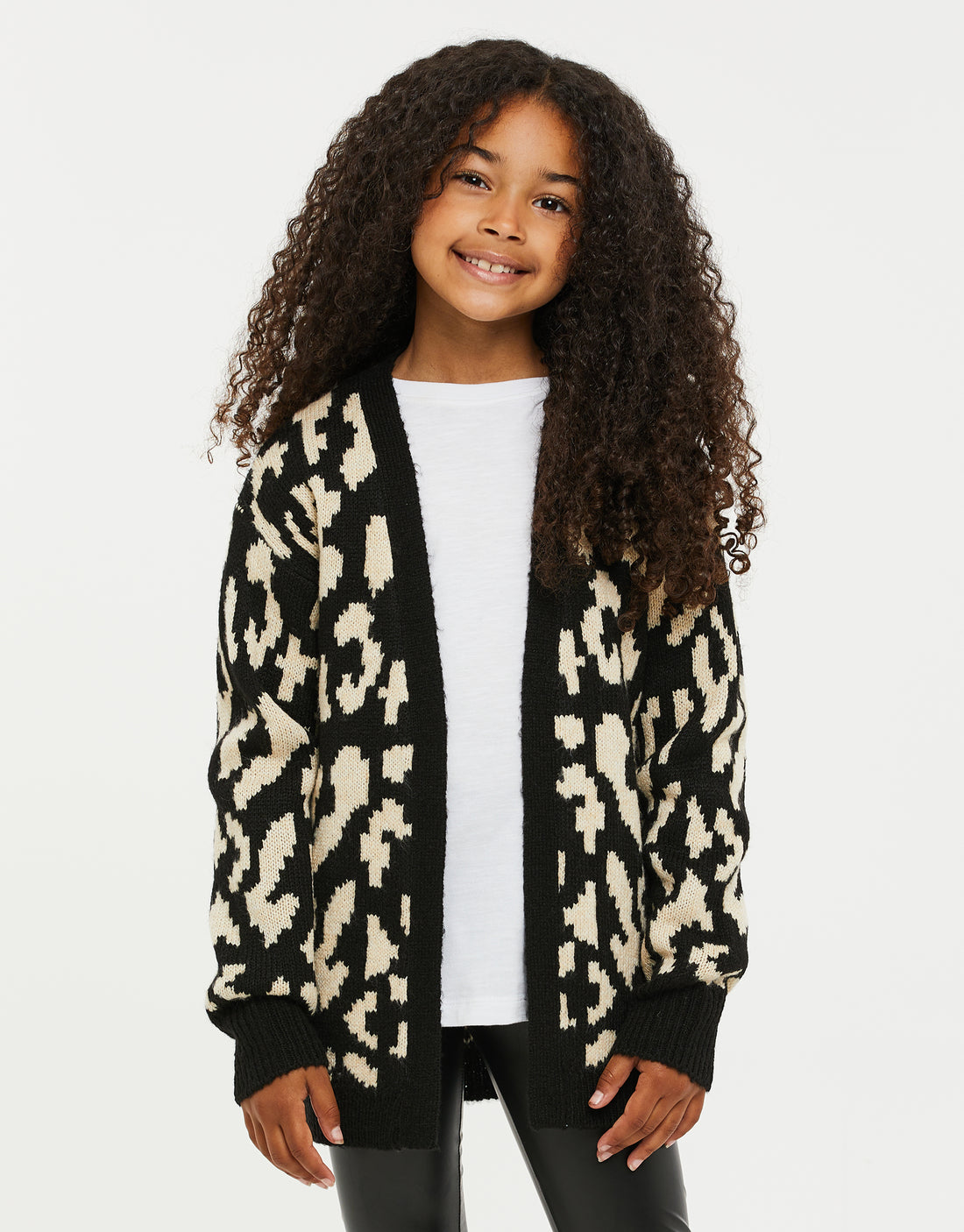 Girls' Black Leopard Print Jacquard Longline Knitted Kids
