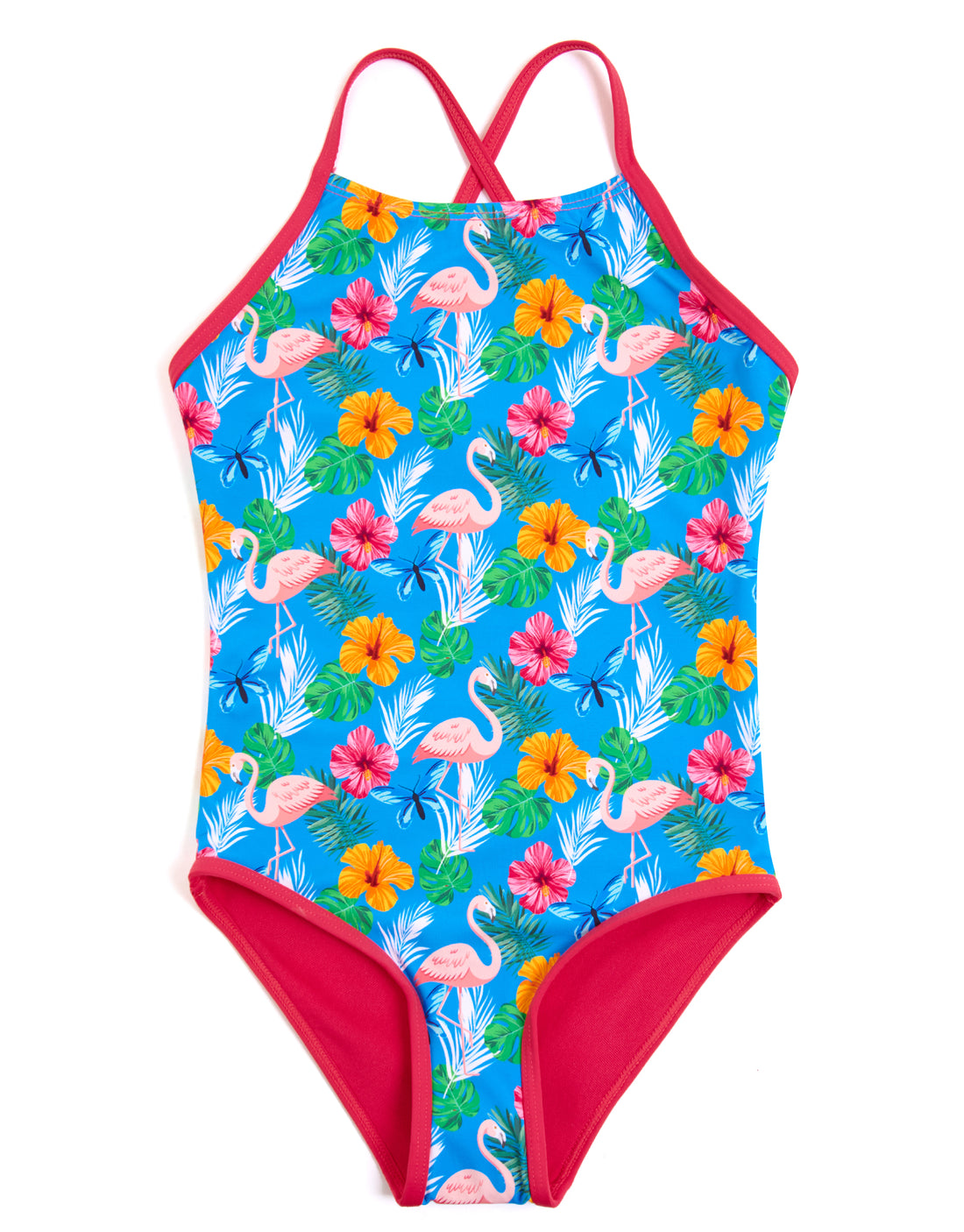 Girls' Blue Flamingo & Floral Print One-Piece Swimsuit Kids' Swimwear ...
