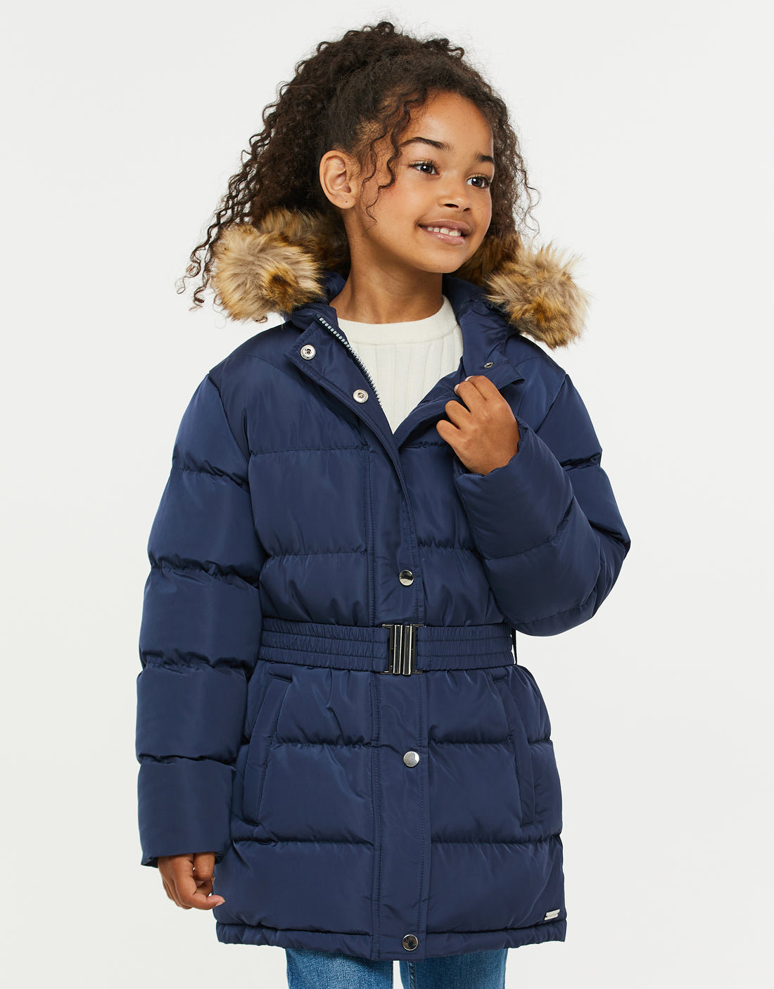 Girls' Navy Blue Belted Padded Hooded Kids' Parka Jacket – Threadbare