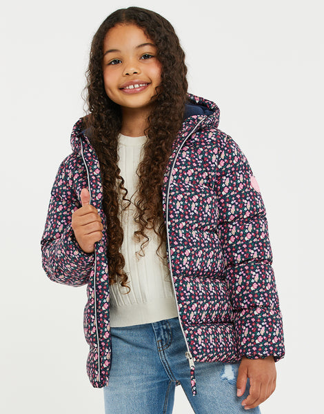 Girls' Navy Blue Ditsy Floral Print Hooded Padded Kids' Puffer Jacket ...