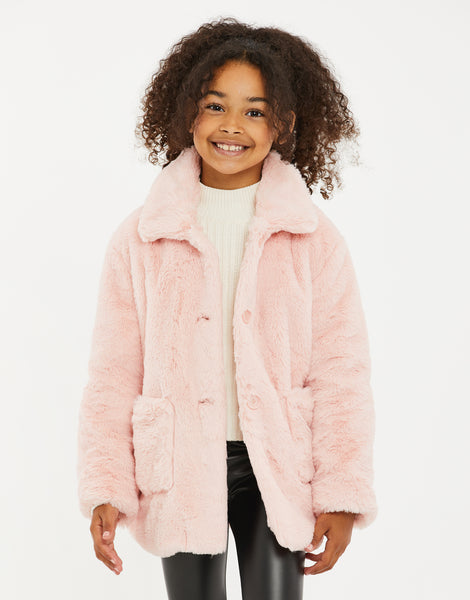 Girls' Pink Faux Fur Button Down Kids' Jacket – Threadbare
