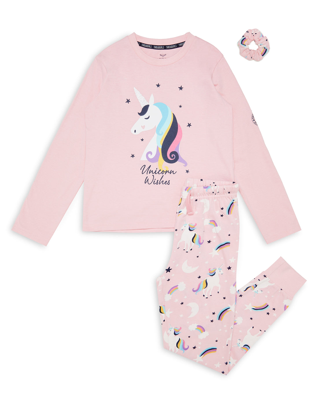 Girls' Pink Unicorn Print Long Pyjamas With Scrunchie Kids' Nightwear ...