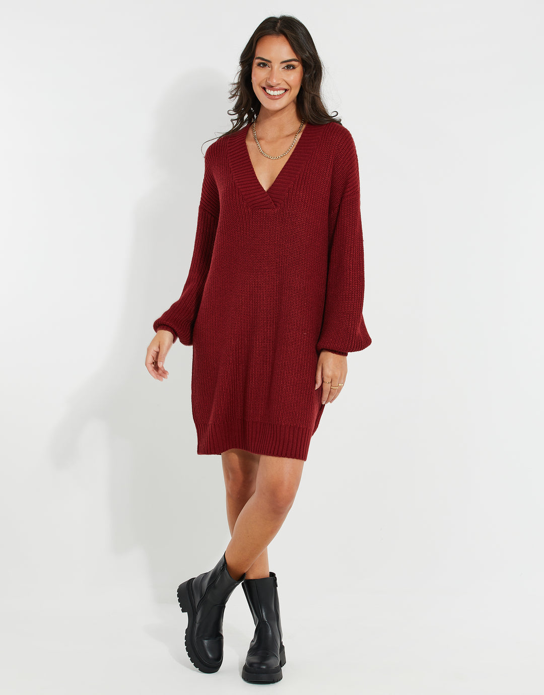 Threadbare Women's Red V-Neck Knitted Jumper Dress Threadbare Women's Red V-Neck Knitted Jumper Dress