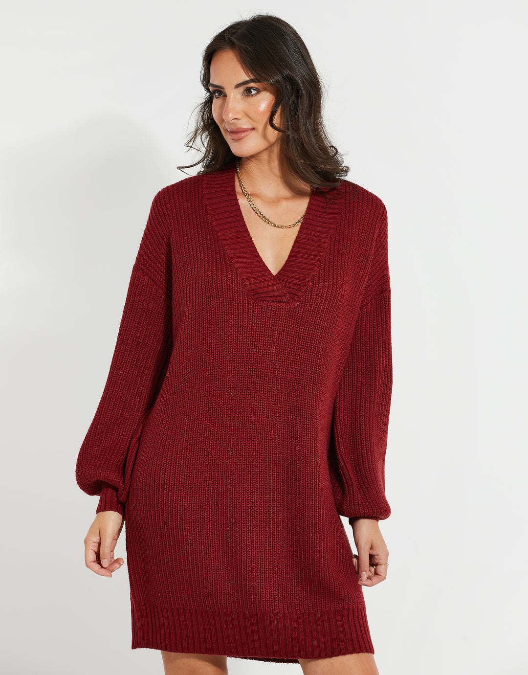 Threadbare Women's Red V-Neck Knitted Jumper Dress
