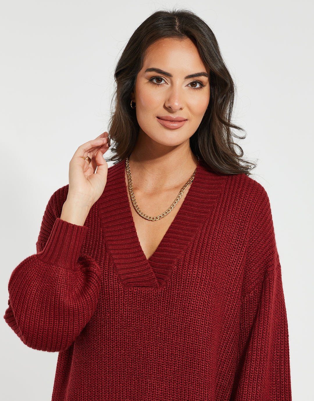 Threadbare Women's Red V-Neck Knitted Jumper Dress Threadbare Women's Red V-Neck Knitted Jumper Dress