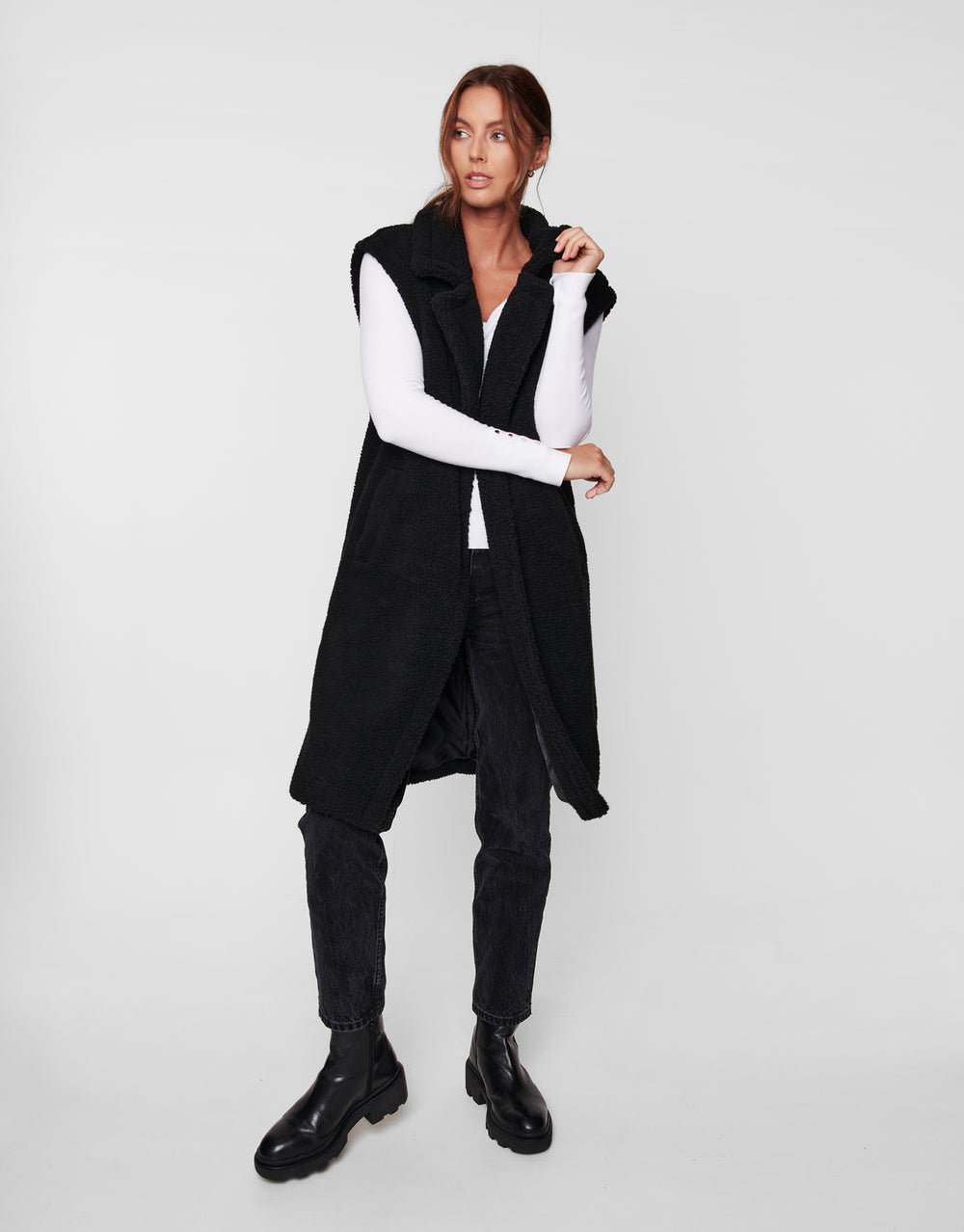 Bella Black Plain Longline Gilet Faux Borg Jacket