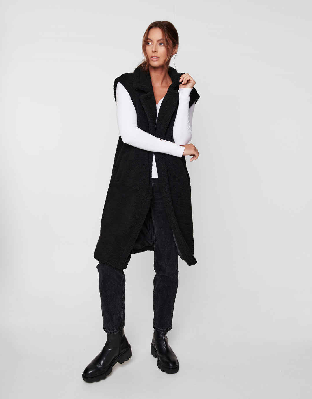 Bella Black Plain Longline Gilet Faux Borg Jacket