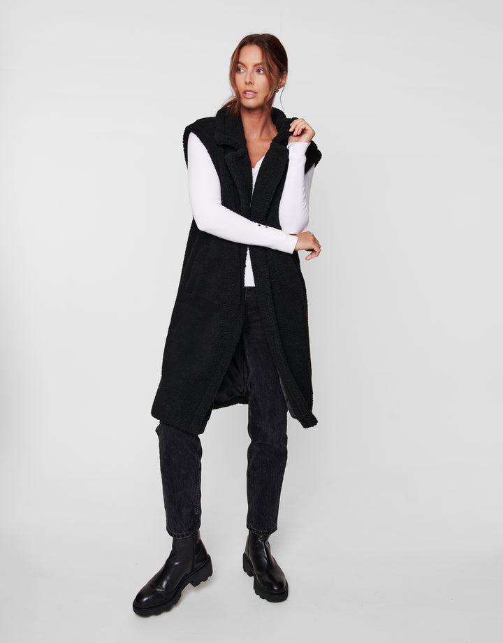 Bella Black Plain Longline Gilet Faux Borg Jacket