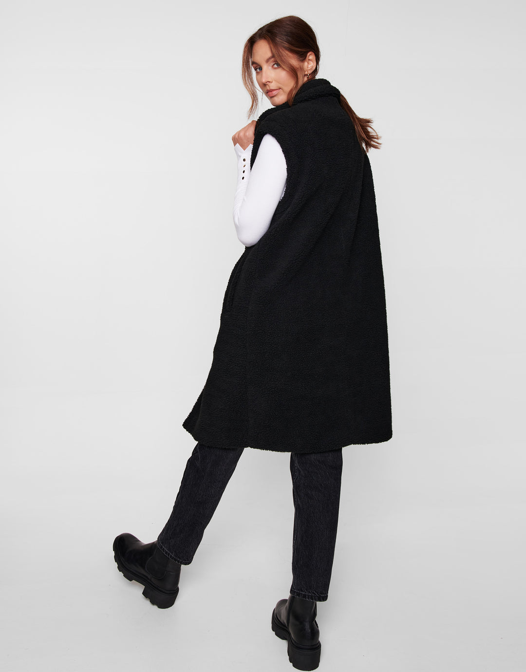 Bella Black Plain Longline Gilet Faux Borg Jacket