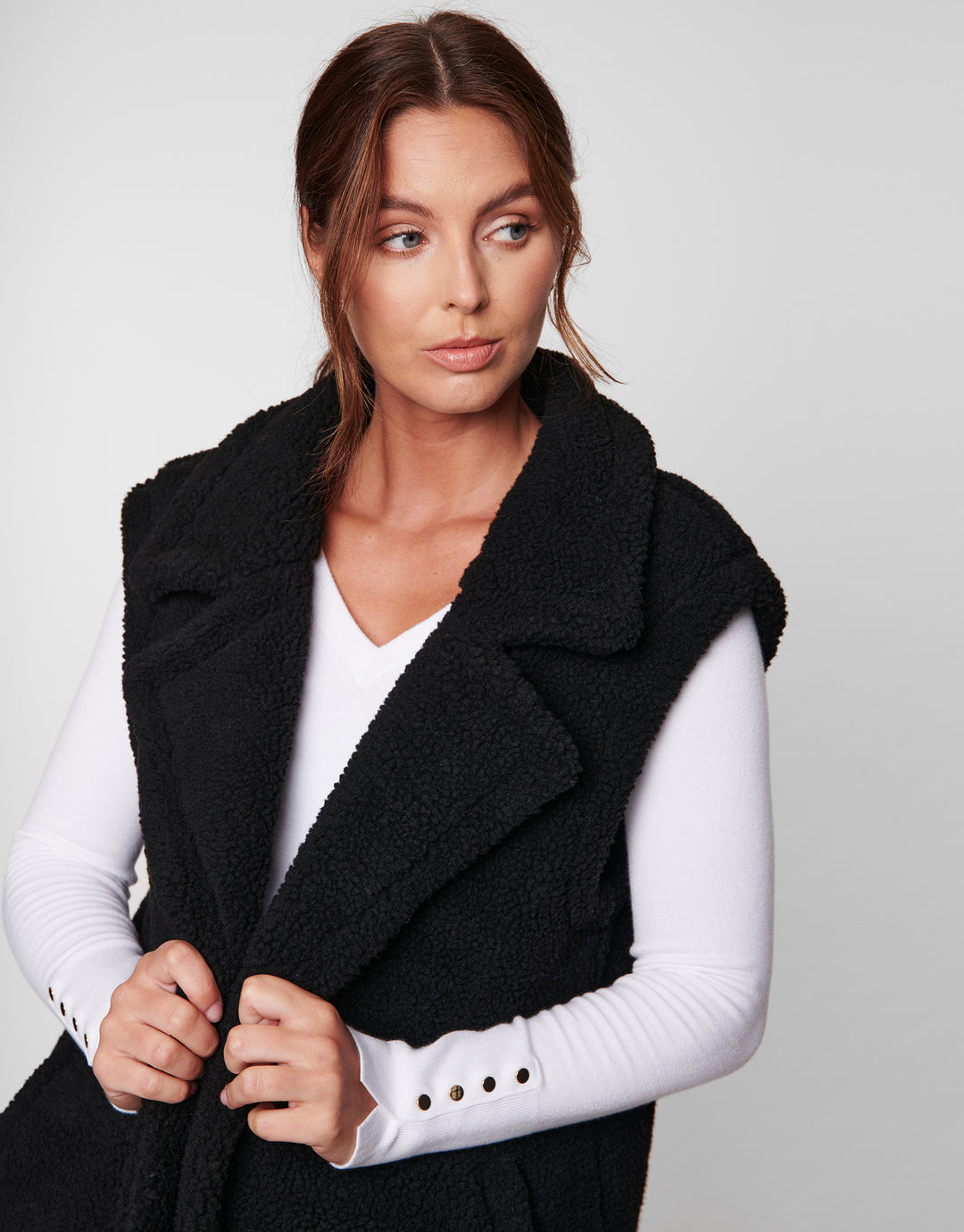 Bella Black Plain Longline Gilet Faux Borg Jacket