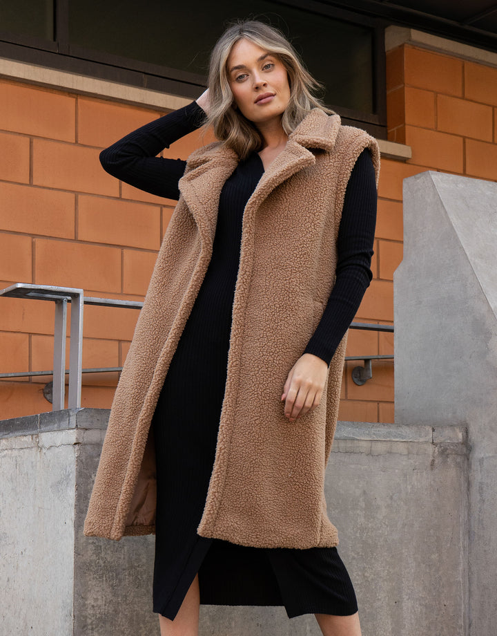Bella Tan Plain Longline Gilet Faux Borg Jacket